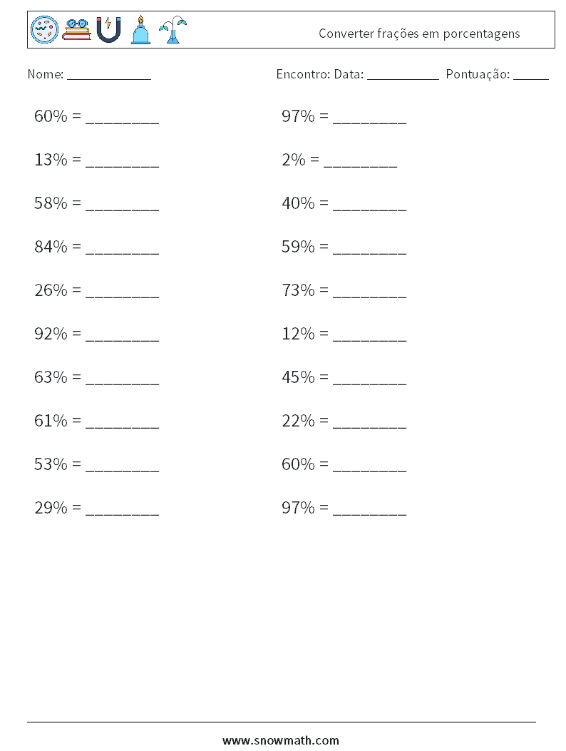 Converter frações em porcentagens planilhas matemáticas 6