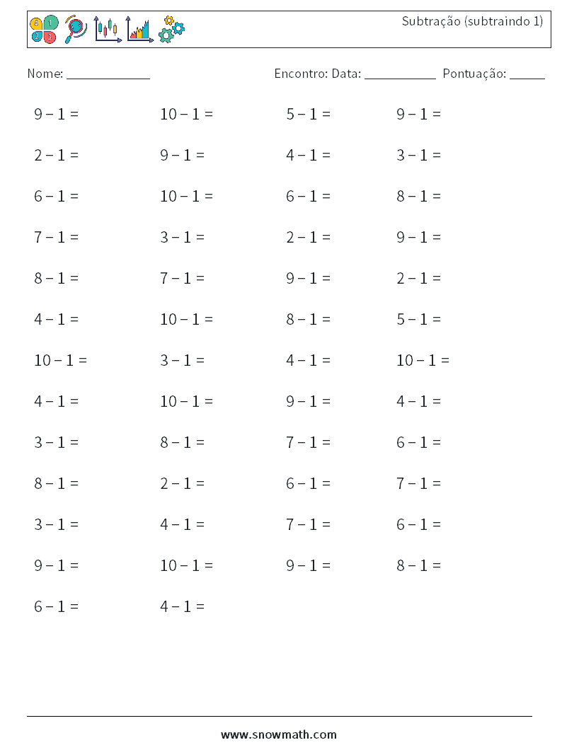 (50) Subtração (subtraindo 1) planilhas matemáticas 1