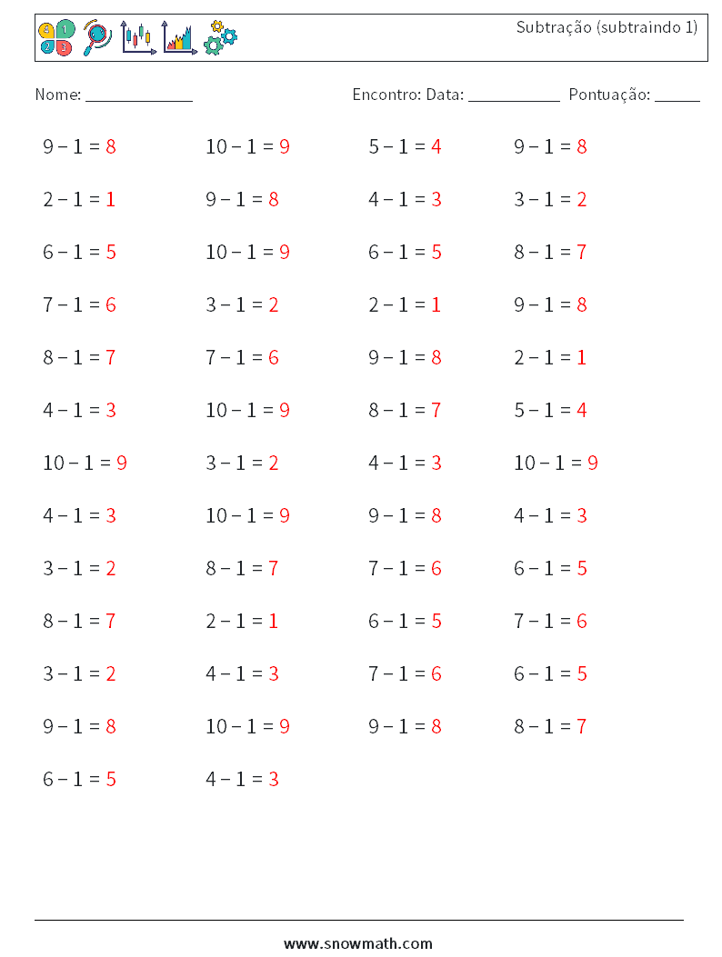 (50) Subtração (subtraindo 1) planilhas matemáticas 1 Pergunta, Resposta