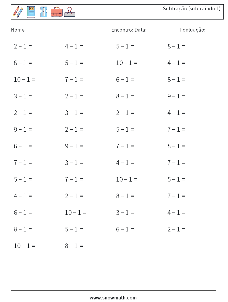 (50) Subtração (subtraindo 1) planilhas matemáticas 2