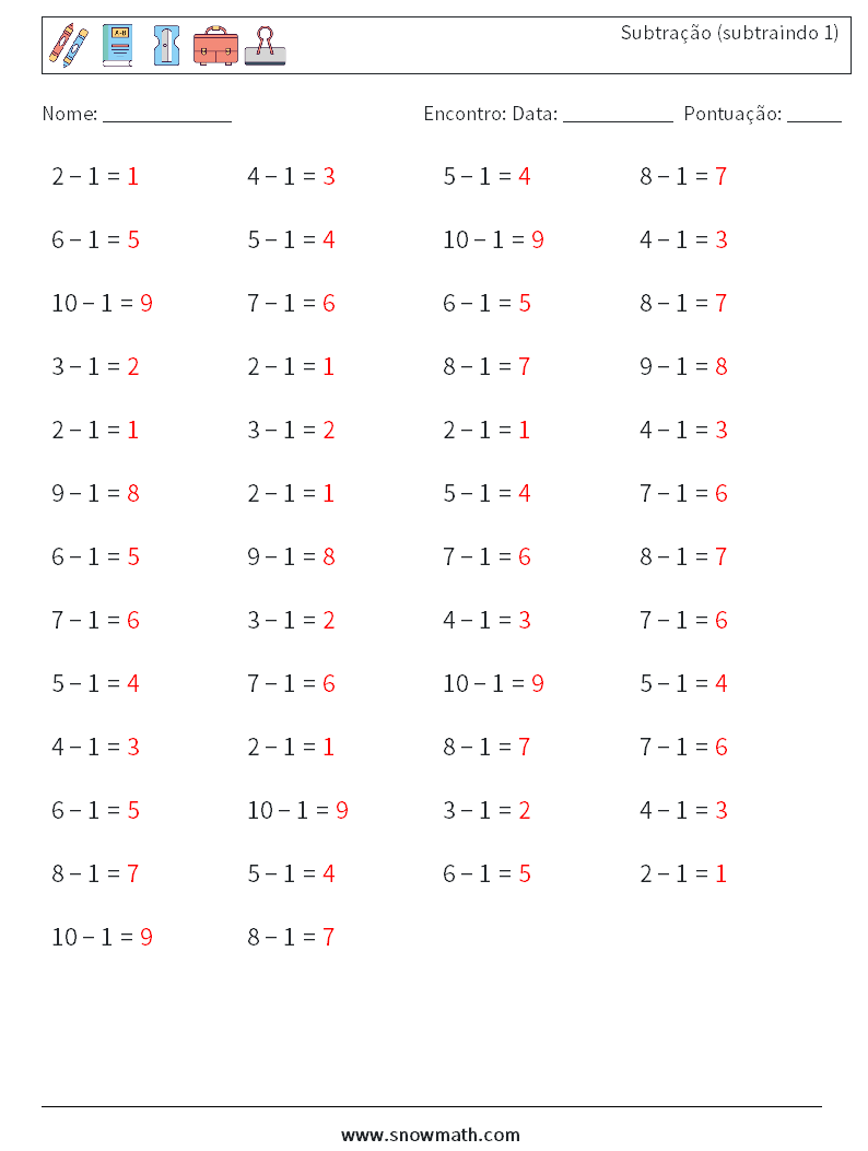 (50) Subtração (subtraindo 1) planilhas matemáticas 2 Pergunta, Resposta