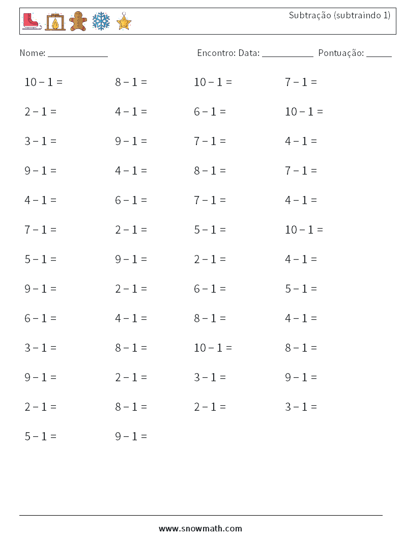 (50) Subtração (subtraindo 1) planilhas matemáticas 3