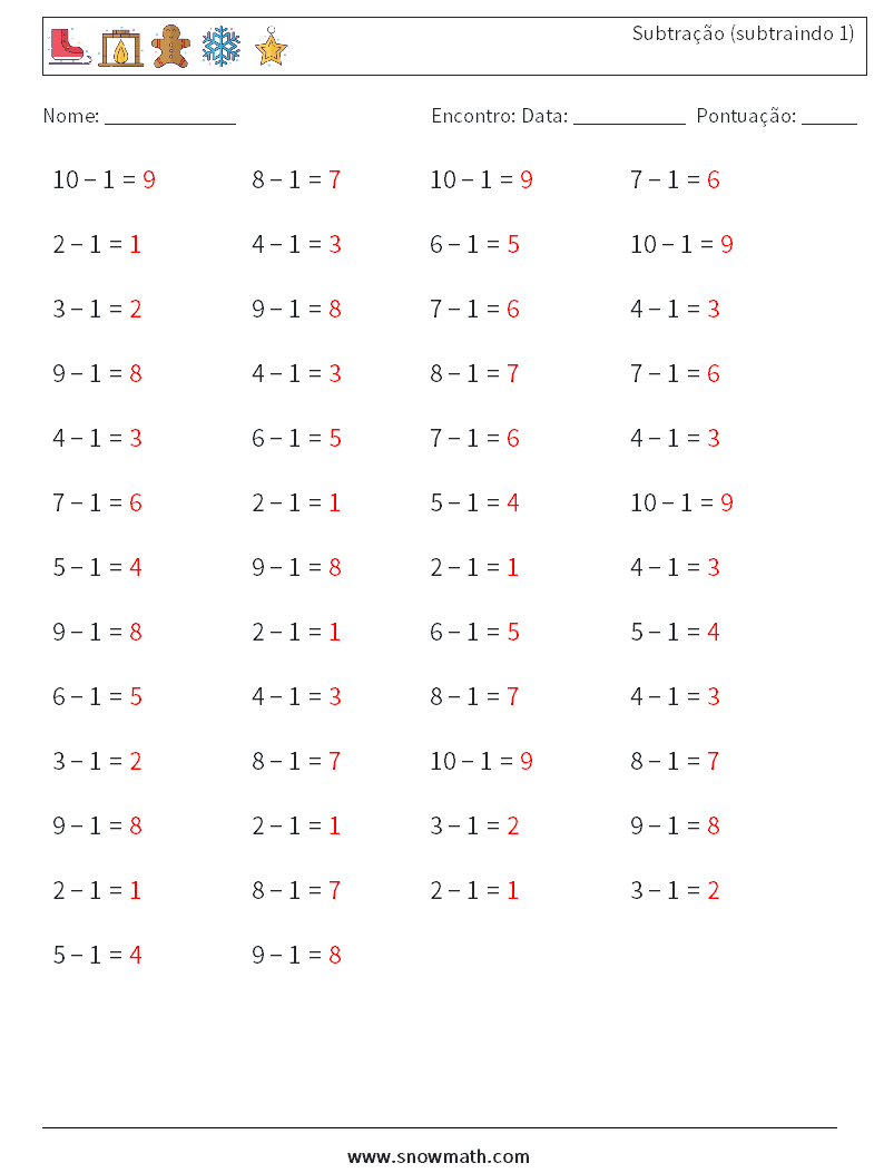 (50) Subtração (subtraindo 1) planilhas matemáticas 3 Pergunta, Resposta