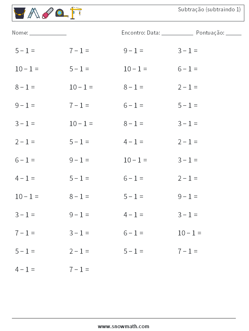 (50) Subtração (subtraindo 1) planilhas matemáticas 4