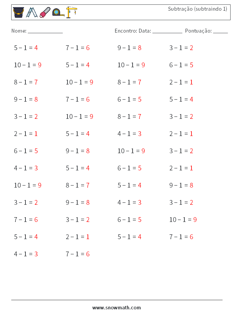 (50) Subtração (subtraindo 1) planilhas matemáticas 4 Pergunta, Resposta