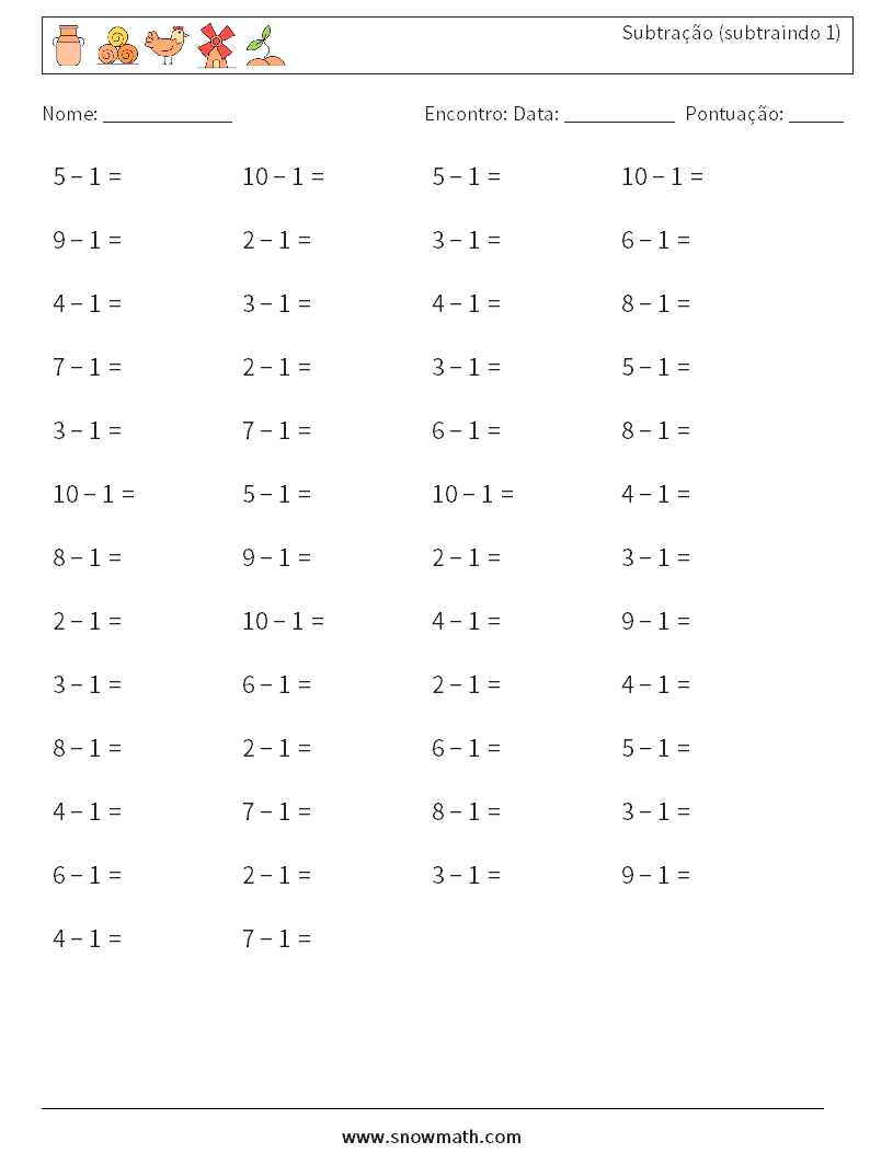(50) Subtração (subtraindo 1) planilhas matemáticas 5