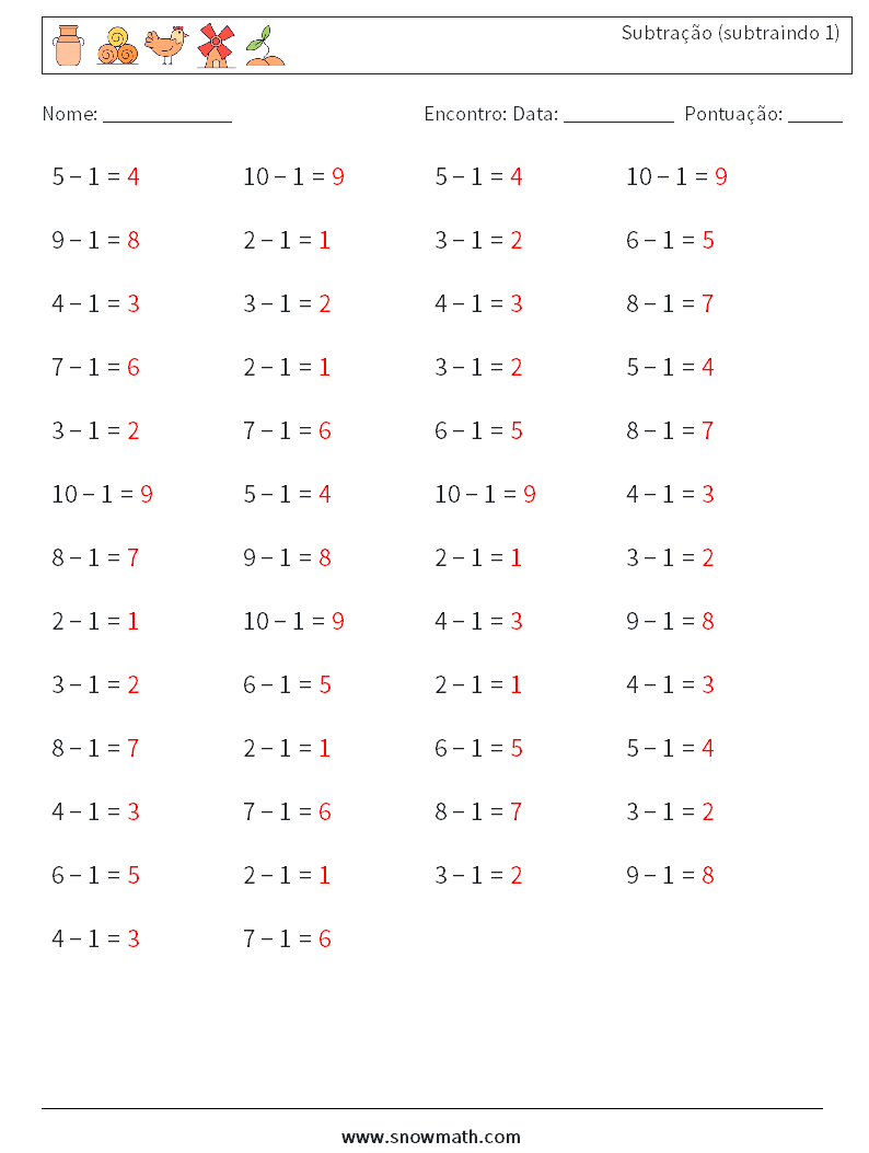 (50) Subtração (subtraindo 1) planilhas matemáticas 5 Pergunta, Resposta