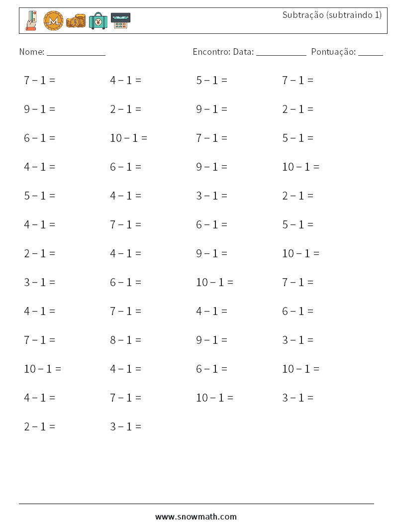 (50) Subtração (subtraindo 1) planilhas matemáticas 6