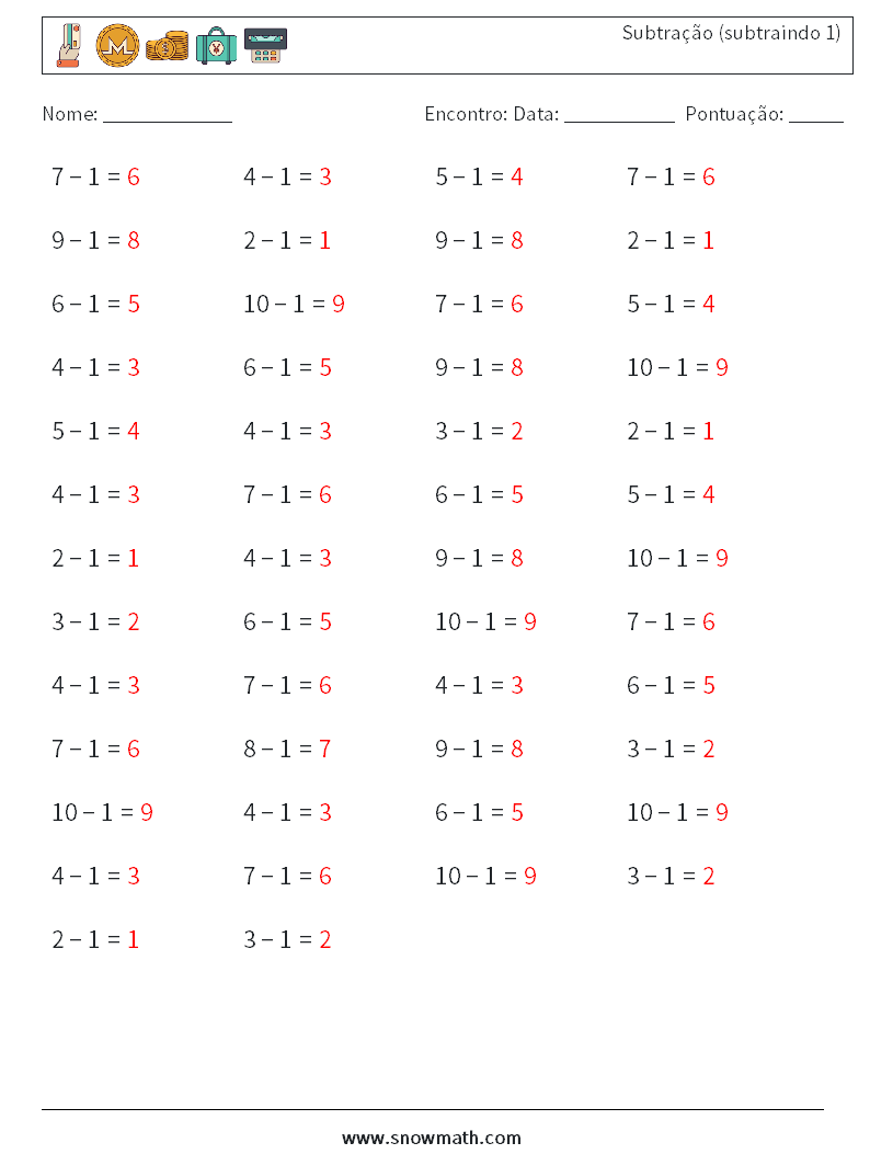 (50) Subtração (subtraindo 1) planilhas matemáticas 6 Pergunta, Resposta