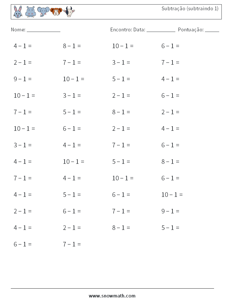 (50) Subtração (subtraindo 1) planilhas matemáticas 7