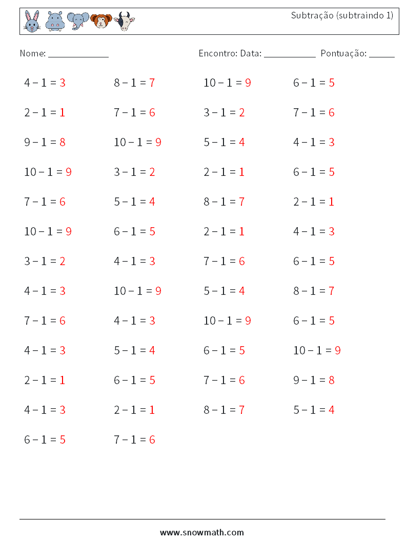 (50) Subtração (subtraindo 1) planilhas matemáticas 7 Pergunta, Resposta