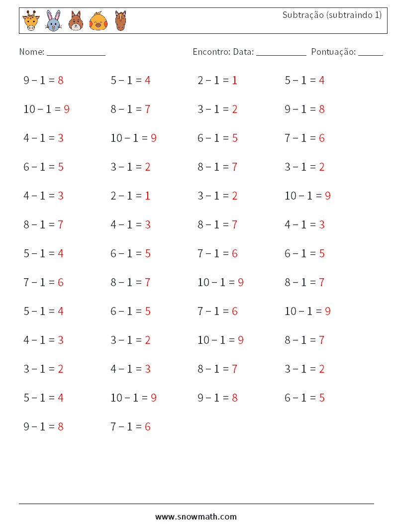 (50) Subtração (subtraindo 1) planilhas matemáticas 8 Pergunta, Resposta