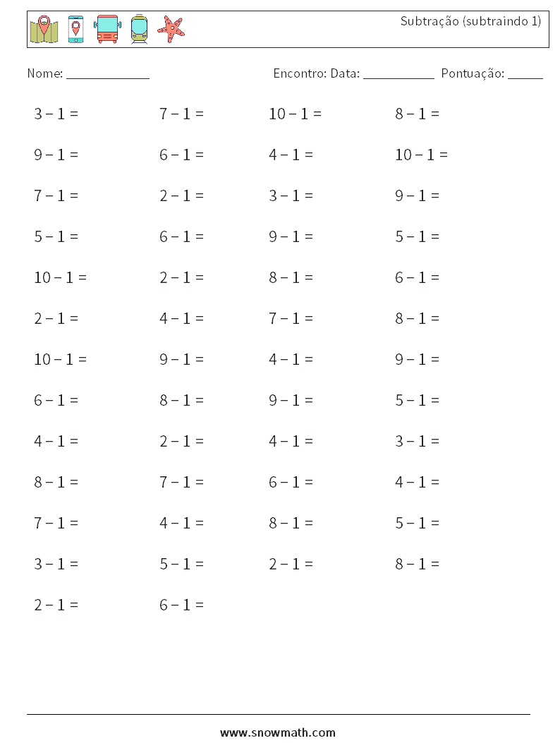 (50) Subtração (subtraindo 1) planilhas matemáticas 9