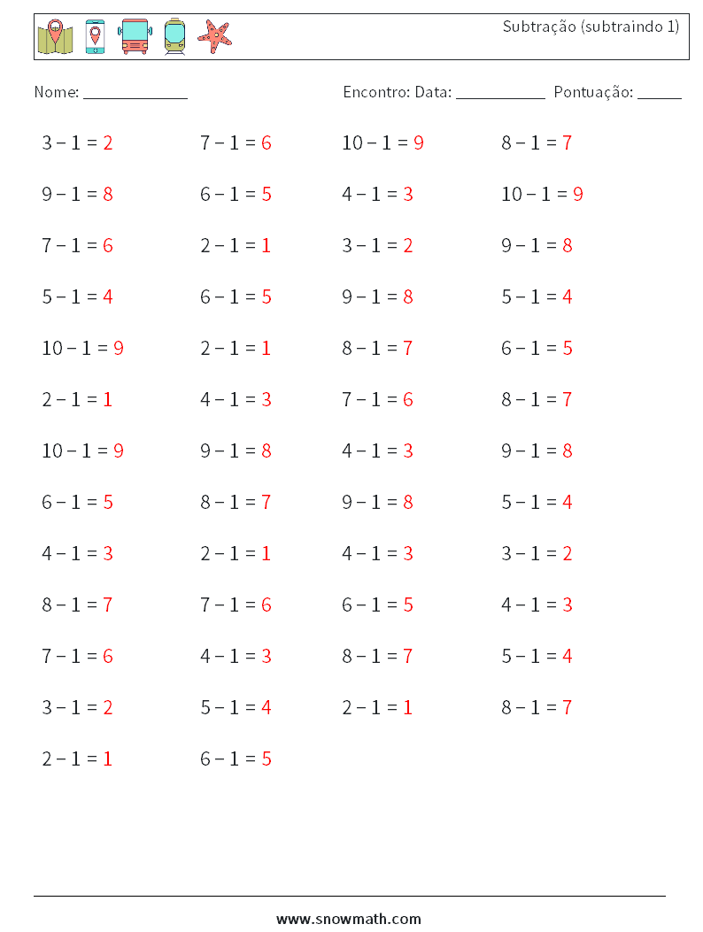 (50) Subtração (subtraindo 1) planilhas matemáticas 9 Pergunta, Resposta