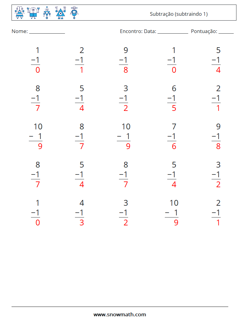 (25) Subtração (subtraindo 1) planilhas matemáticas 1 Pergunta, Resposta