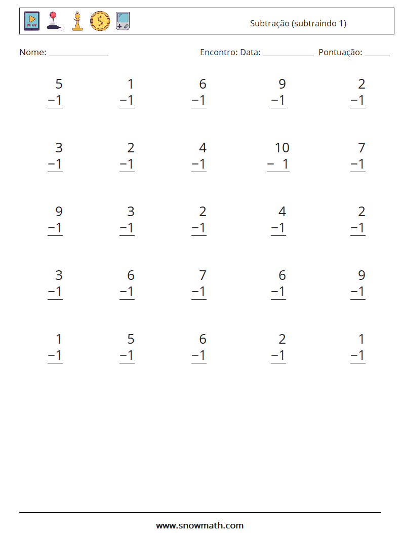 (25) Subtração (subtraindo 1) planilhas matemáticas 2