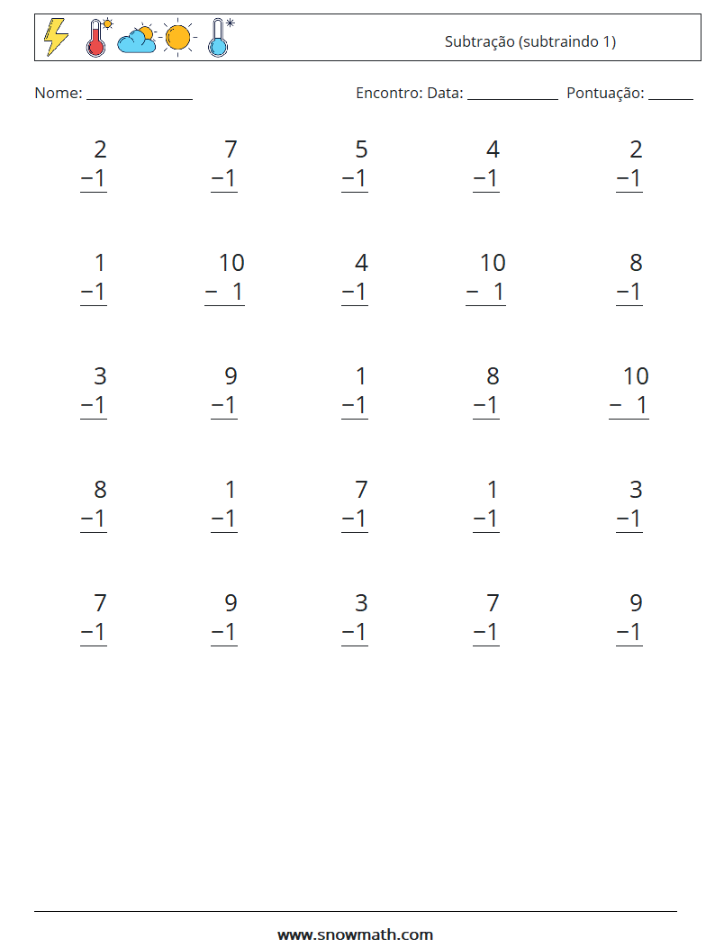 (25) Subtração (subtraindo 1) planilhas matemáticas 5