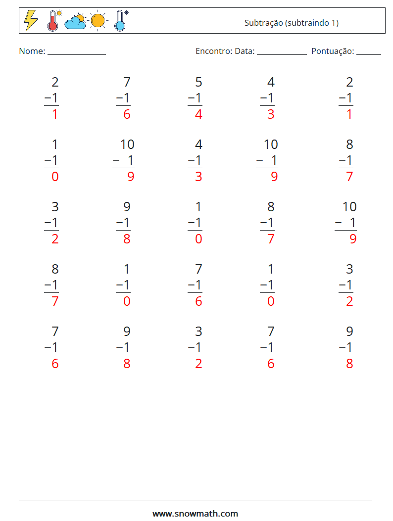 (25) Subtração (subtraindo 1) planilhas matemáticas 5 Pergunta, Resposta