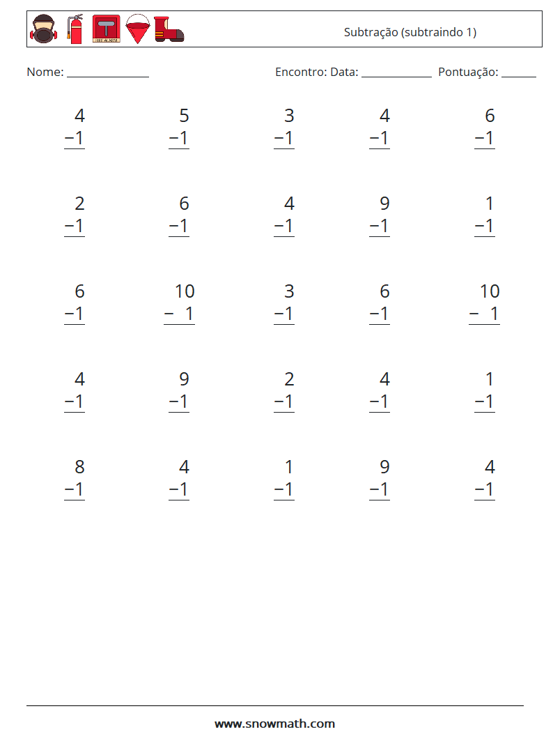 (25) Subtração (subtraindo 1) planilhas matemáticas 6