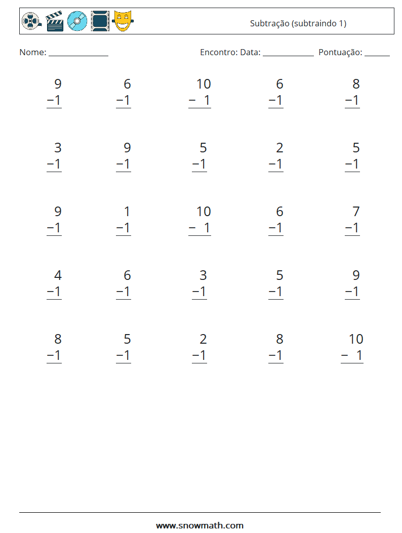 (25) Subtração (subtraindo 1) planilhas matemáticas 7