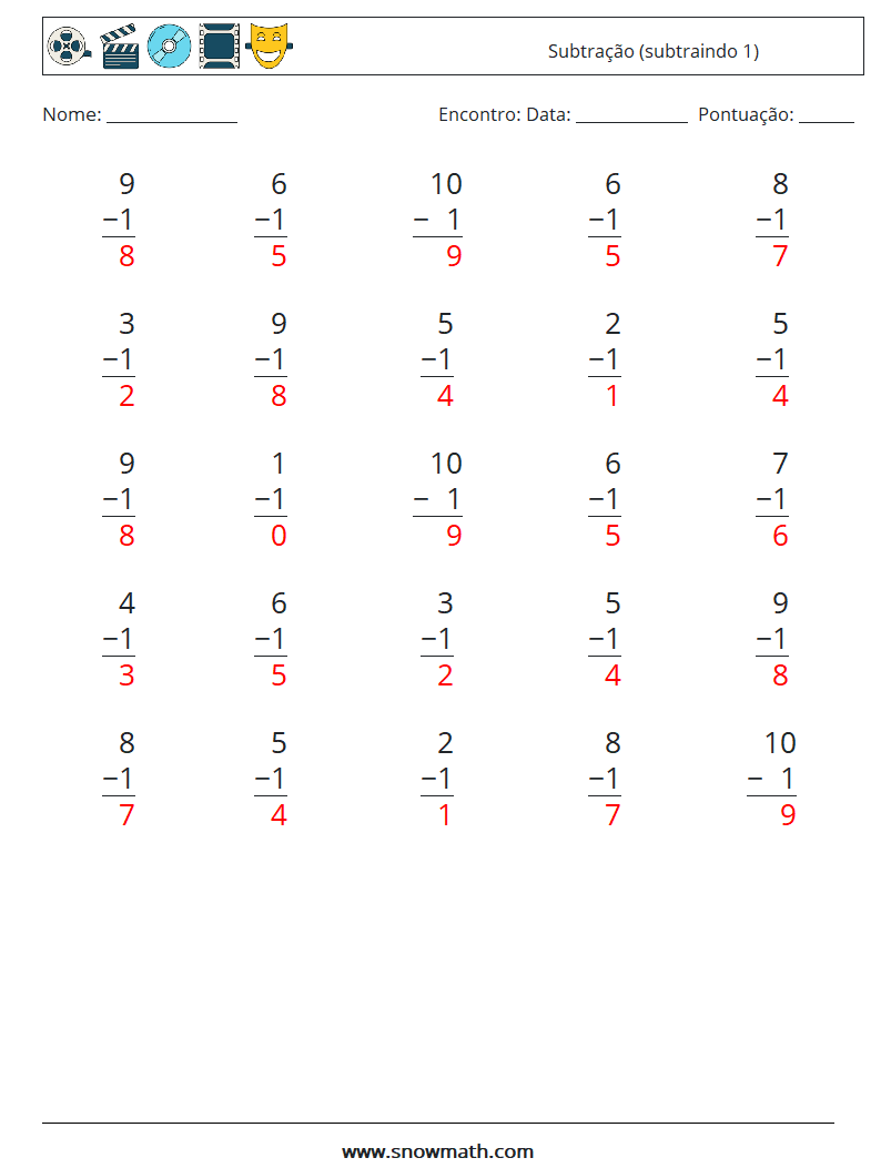 (25) Subtração (subtraindo 1) planilhas matemáticas 7 Pergunta, Resposta