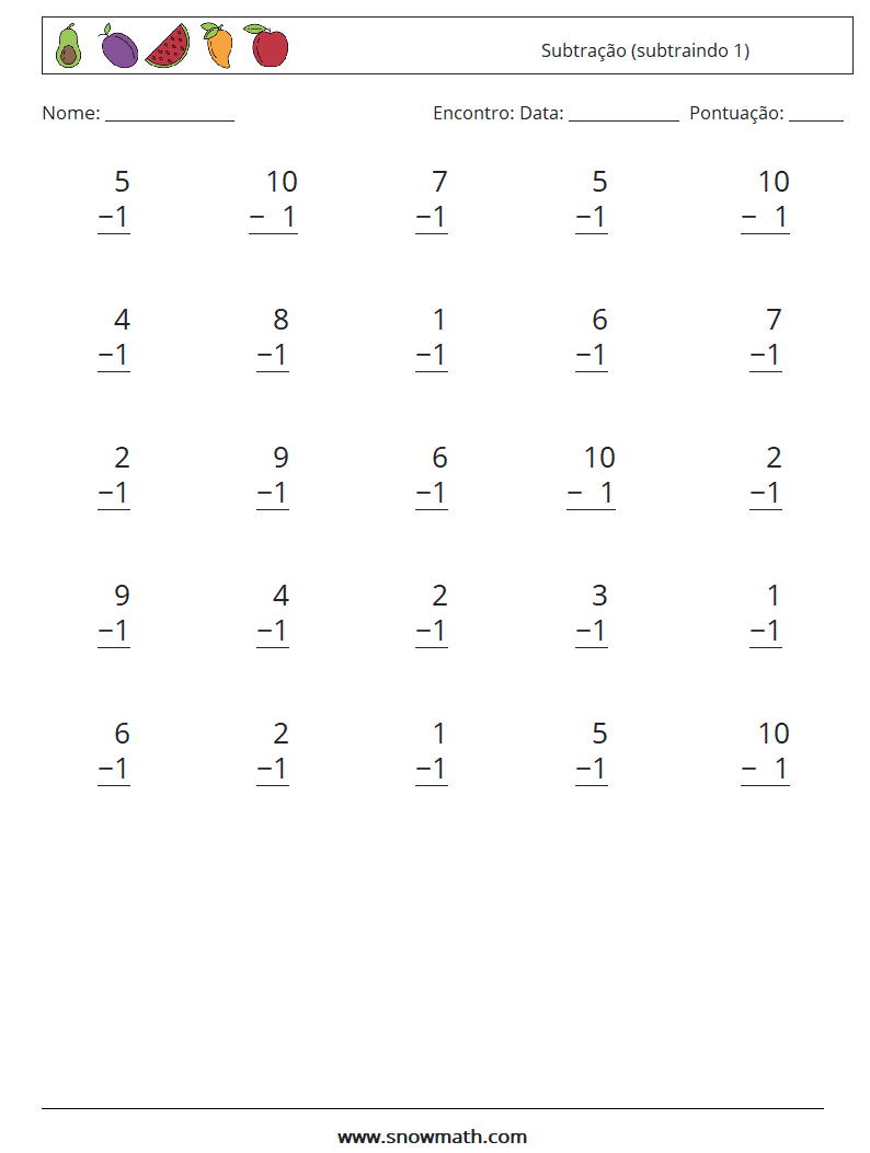 (25) Subtração (subtraindo 1) planilhas matemáticas 8