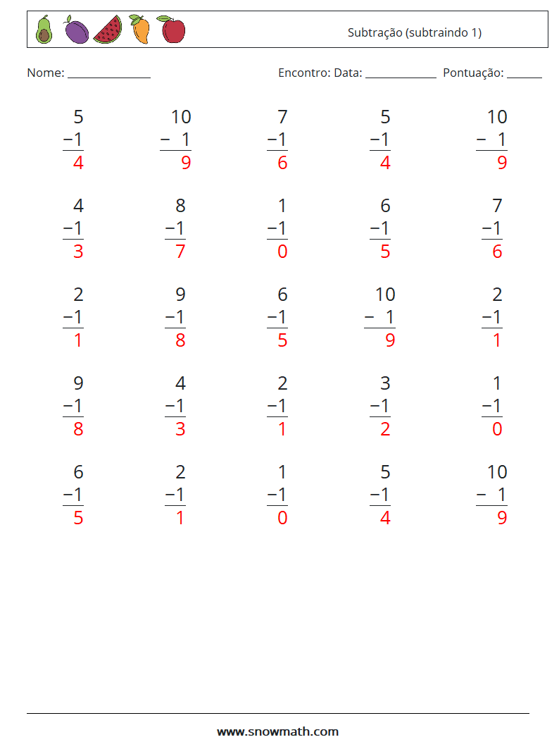 (25) Subtração (subtraindo 1) planilhas matemáticas 8 Pergunta, Resposta