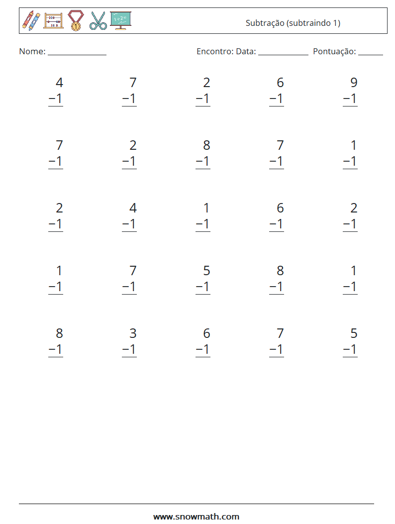 (25) Subtração (subtraindo 1) planilhas matemáticas 9