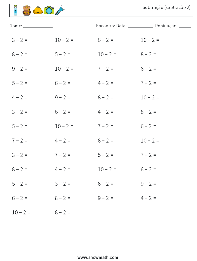 (50) Subtração (subtração 2) planilhas matemáticas 1