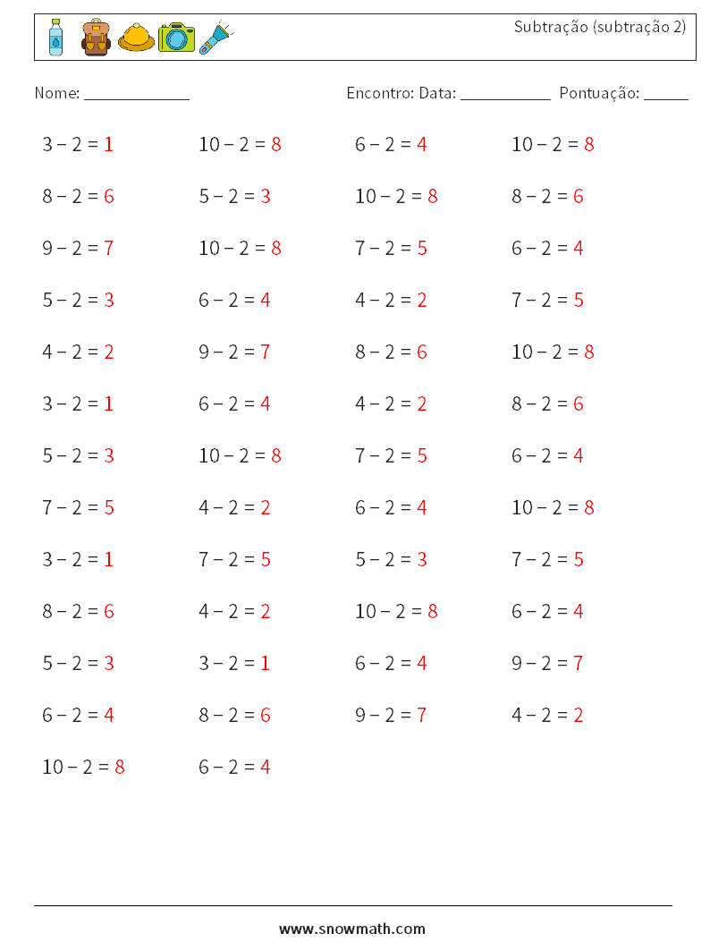 (50) Subtração (subtração 2) planilhas matemáticas 1 Pergunta, Resposta