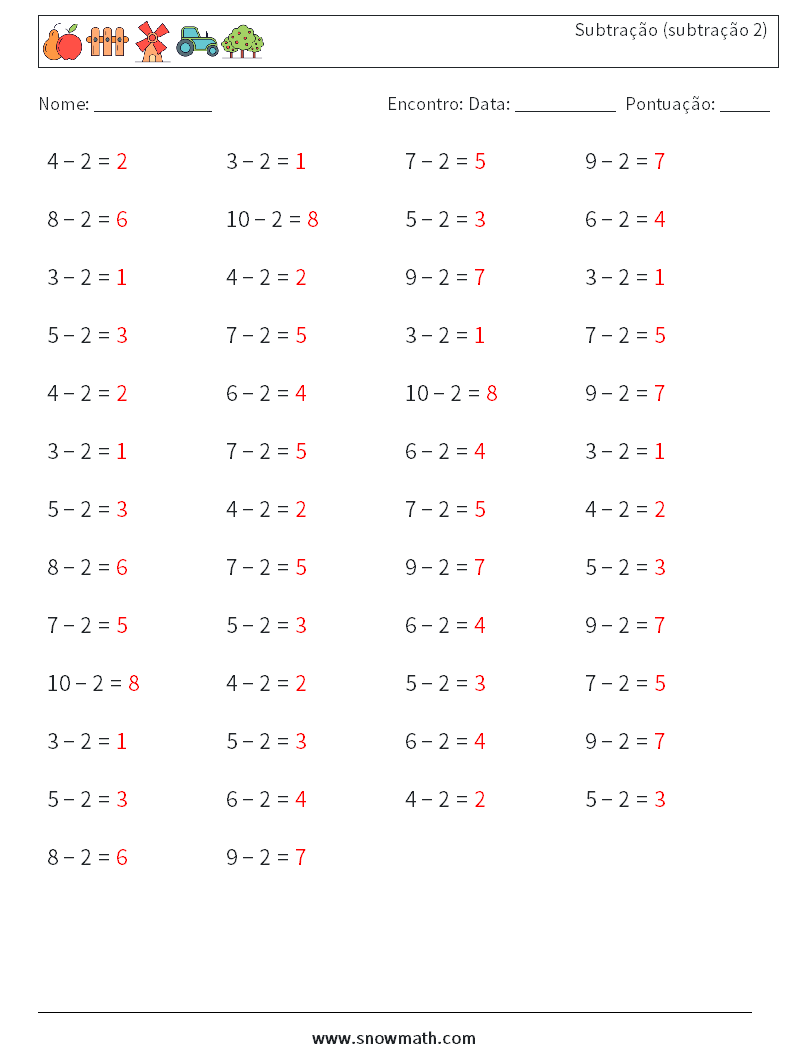(50) Subtração (subtração 2) planilhas matemáticas 2 Pergunta, Resposta