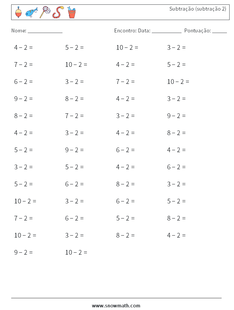 (50) Subtração (subtração 2) planilhas matemáticas 3
