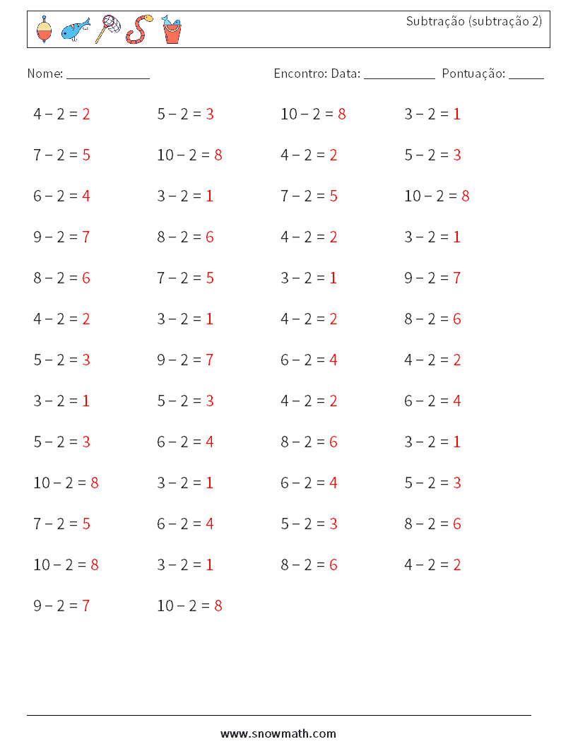 (50) Subtração (subtração 2) planilhas matemáticas 3 Pergunta, Resposta