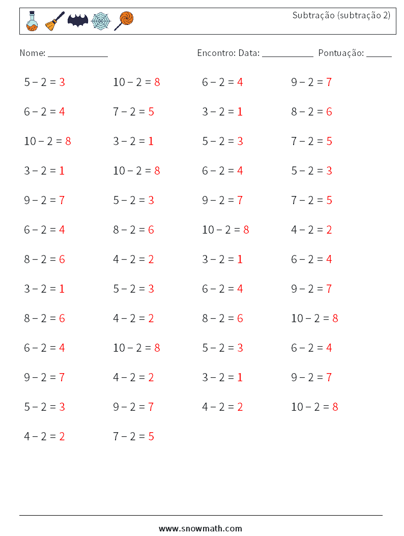 (50) Subtração (subtração 2) planilhas matemáticas 4 Pergunta, Resposta