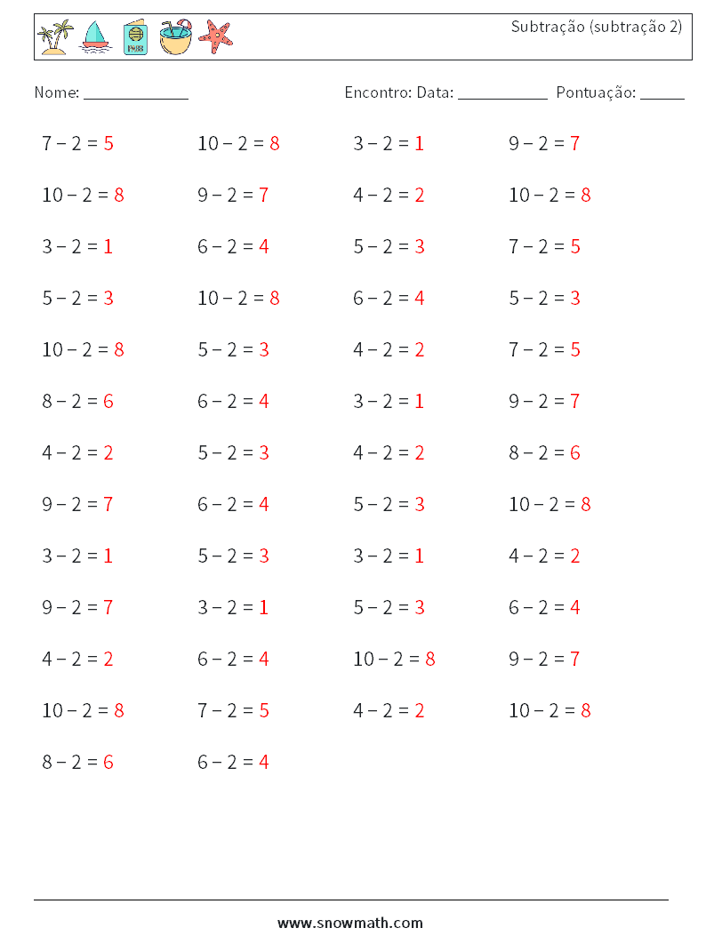 (50) Subtração (subtração 2) planilhas matemáticas 5 Pergunta, Resposta
