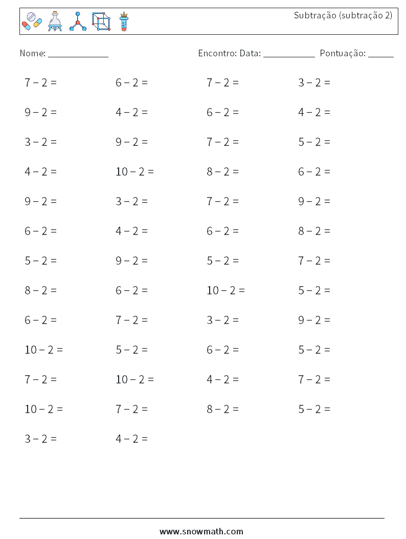 (50) Subtração (subtração 2) planilhas matemáticas 6
