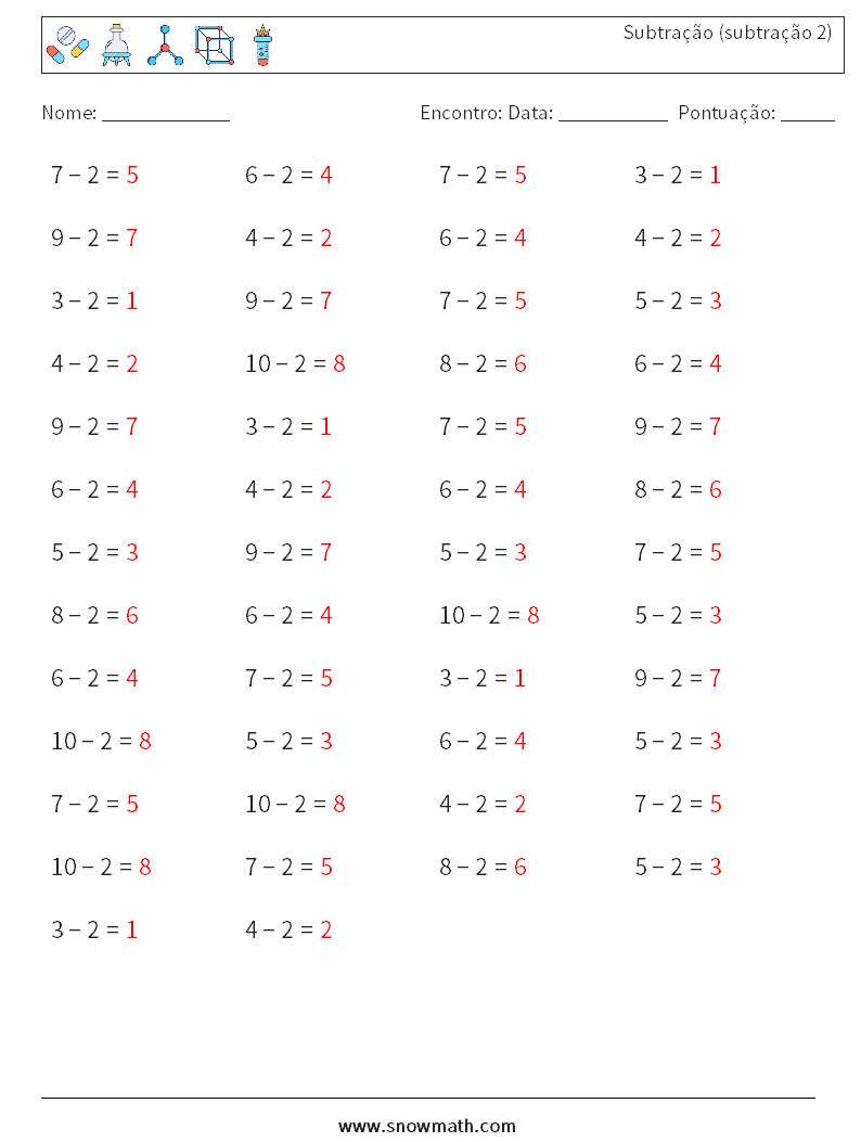(50) Subtração (subtração 2) planilhas matemáticas 6 Pergunta, Resposta