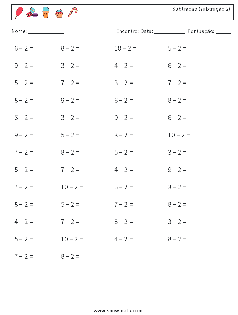 (50) Subtração (subtração 2) planilhas matemáticas 7