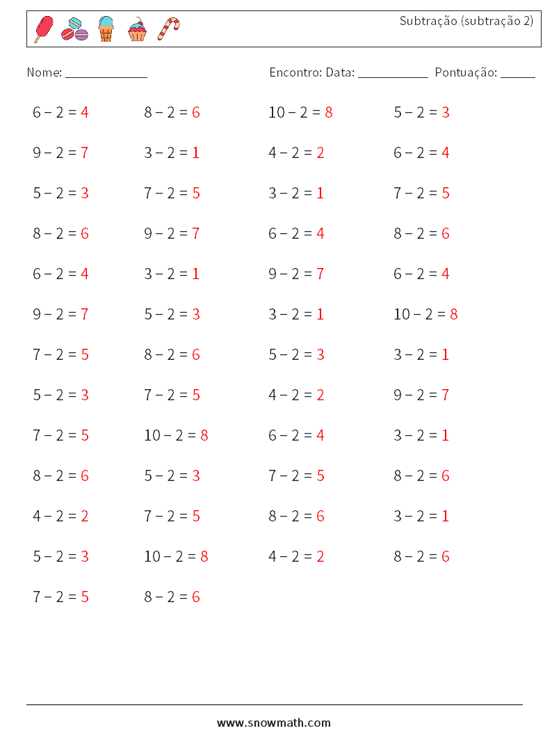 (50) Subtração (subtração 2) planilhas matemáticas 7 Pergunta, Resposta