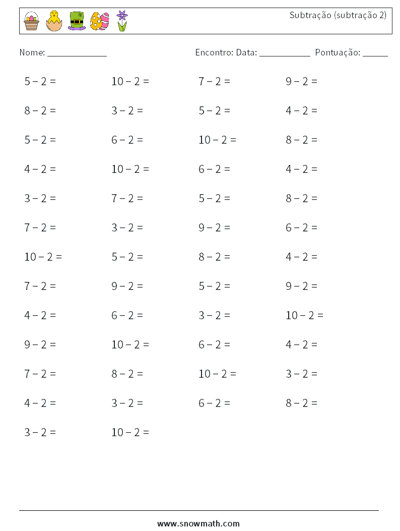 (50) Subtração (subtração 2) planilhas matemáticas 8