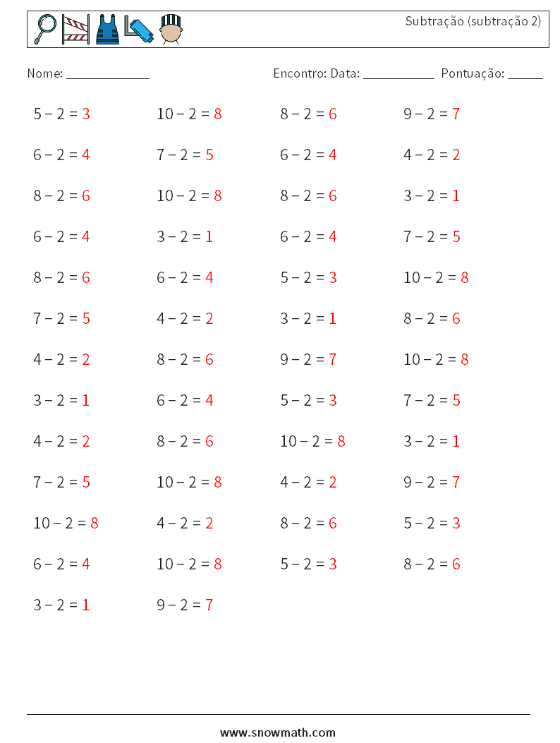 (50) Subtração (subtração 2) planilhas matemáticas 9 Pergunta, Resposta