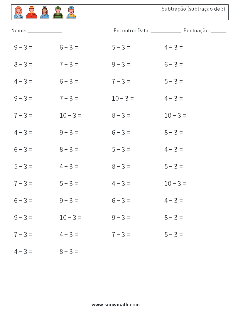 (50) Subtração (subtração de 3) planilhas matemáticas 3