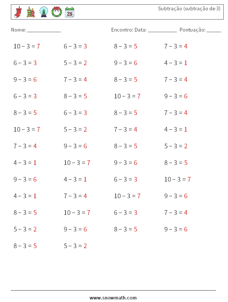 (50) Subtração (subtração de 3) planilhas matemáticas 4 Pergunta, Resposta