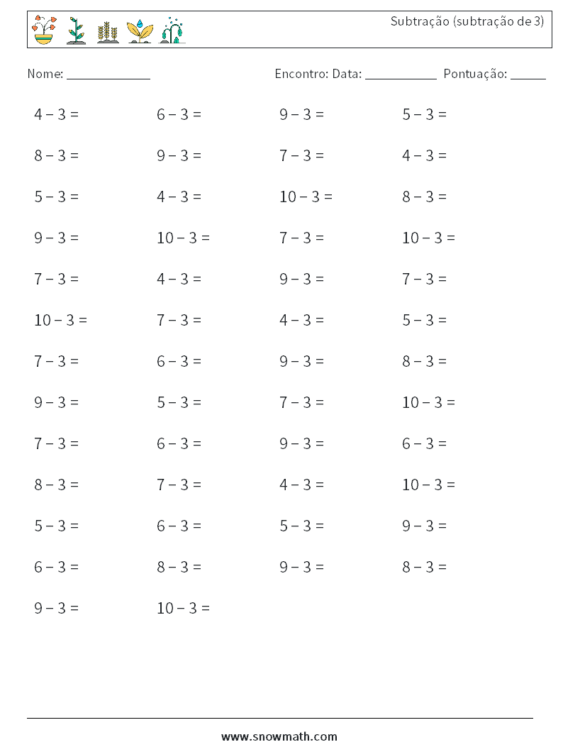 (50) Subtração (subtração de 3) planilhas matemáticas 7