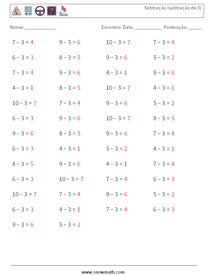 (50) Subtração (subtração de 3) planilhas matemáticas 8 Pergunta, Resposta