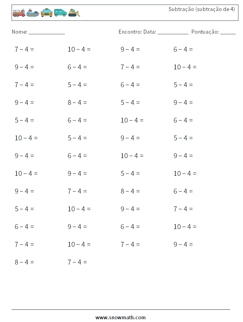 (50) Subtração (subtração de 4) planilhas matemáticas 1