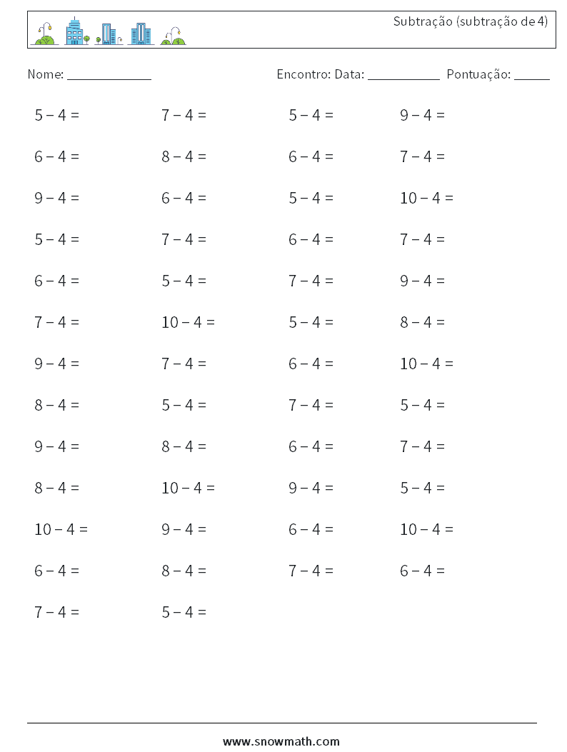 (50) Subtração (subtração de 4) planilhas matemáticas 4