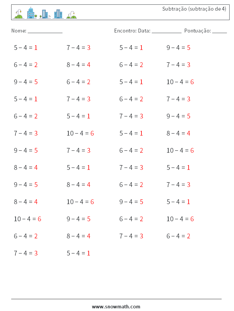 (50) Subtração (subtração de 4) planilhas matemáticas 4 Pergunta, Resposta