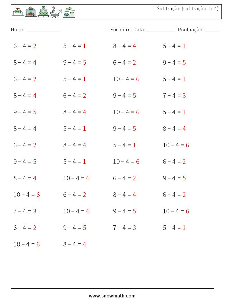 (50) Subtração (subtração de 4) planilhas matemáticas 6 Pergunta, Resposta