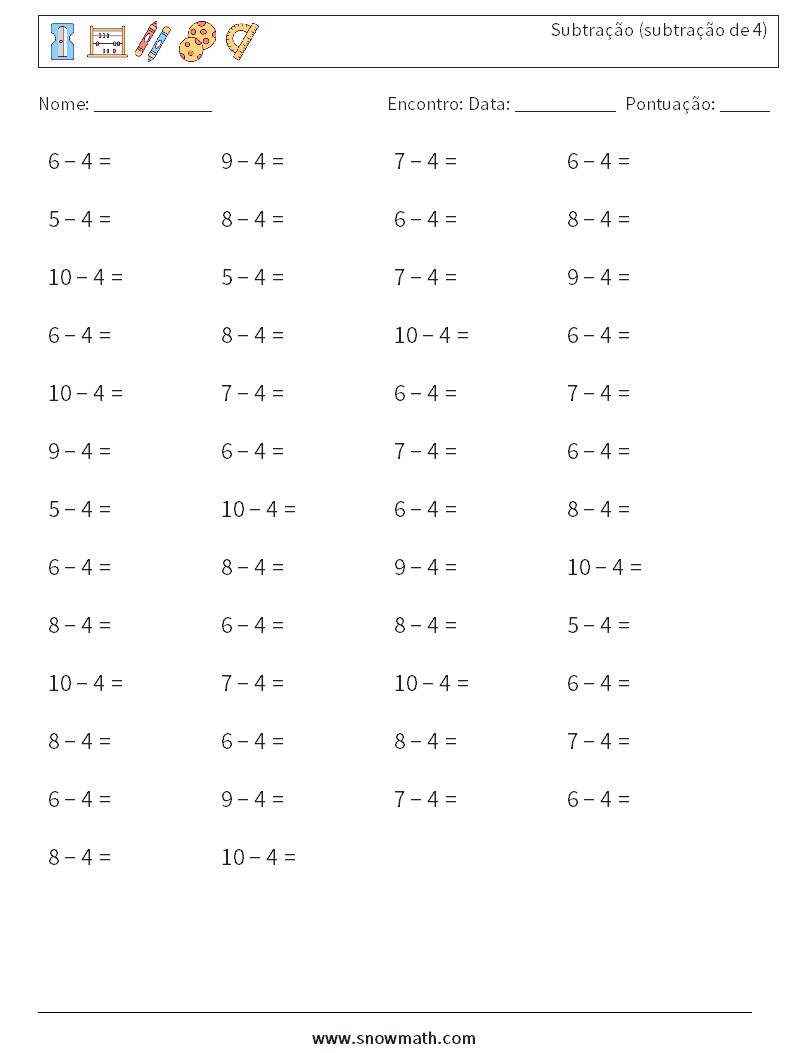 (50) Subtração (subtração de 4) planilhas matemáticas 7